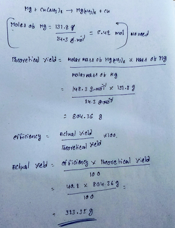 Mg + Cu(Nogle Mg(Nogle + cu Moles of ng = 131.88 2463 of möll - 5.42 mol wo need Theoretical vield - Molar mass of rg (NO3le