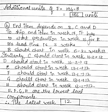 Similarly Additional units of E: 194-8 | 186 l units @ End item depends on B, C and D To ship end item in week it, it has to
