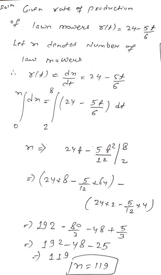 yonib 4105 rate of production of lawn mowers &lt) = 24 st Le to] denotes Number of حية | so weusi 81+) = dn dt = 24- 5* 6 st