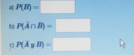 a) P(B) = b) P(ANB) = c) P(Ā y B) = w