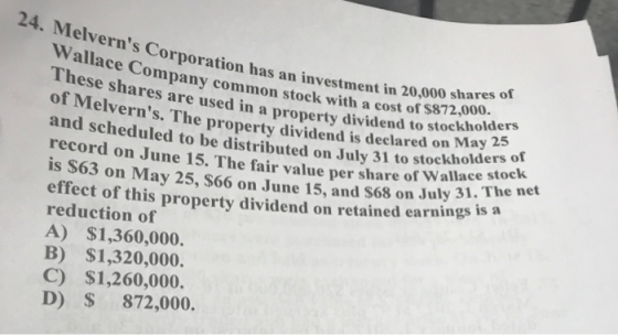 24. Melverns Corporation Wallace Company com Stment in 20,000 shares of company common stock with a cost of $872,00 These sh