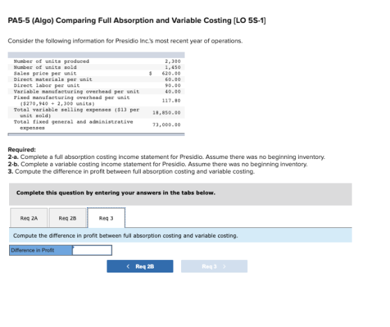 PA5-5 (Algo) Comparing Full Absorption and Variable Costing [LO 5S-1) Consider the following information for Presidio Inc.s