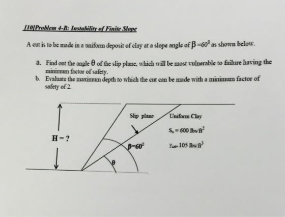 10Preblem 4-B: Insabilir of Finie lope Acut is to be made in a uniform deposit ofclay at a slope angle ofß=600 as shown below