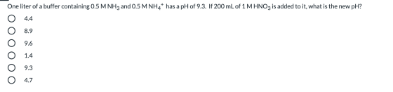 One liter of a buffer containing 0.5 M NH3 and 0.5 M NH4+ has a pH of 9.3. If 200 mL of 1 M HNO3 is added to it, what is the