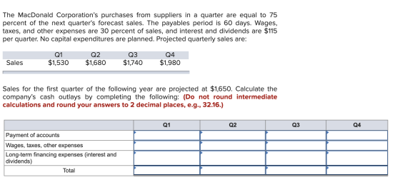 The MacDonald Corporations purchases from suppliers in a quarter are equal to 75 percent of the next quarters forecast sale