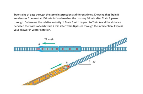 Two trains of pass through the same intersection at different times. Knowing that Train B accelerates from rest at 100 m/min?