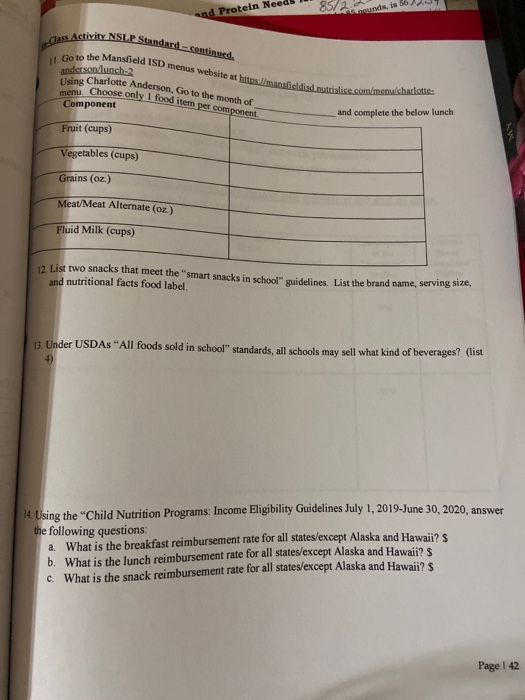 nd Protein Needs832 Activity NSLP Standard Class Activit continued. Go to the Mansfield ISD me anderson lunch2 website at htt