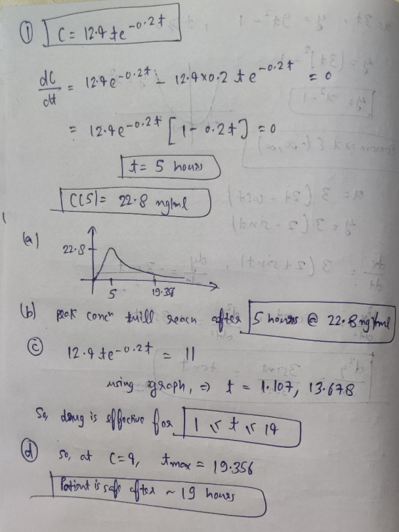 0 JC = 124 + e -0.2 + ] 1276 -0.27 - 12.4x0.2 t e noi ( (a) 22.84 19.358 = 12.96 -0.2 + [ 1 - 0:2+] = 0 - t = 5 hours [cc5l=