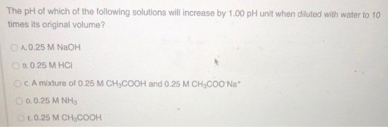 The pH of which of the following solutions will increase by 1.00 pH unit when diluted with water to 10 times its original vol