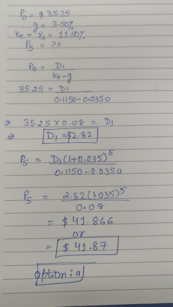 Bo - $ 35.25 9 - 3:50% c = 1150, Pg = ?? Po Di - Ke-g 35.25 = DI 0.1150-0,0350 » 35.258o.08 = Di DI =$2.82 PS = Di (1+0.035)