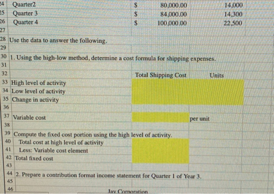 24 Quarter2 $ 80,000.00 14,000 25 Quarter 3 $ 84,000.00 14,300 26 Quarter 4 $ 100,000.00 22,500 27 28 Use the data to answer