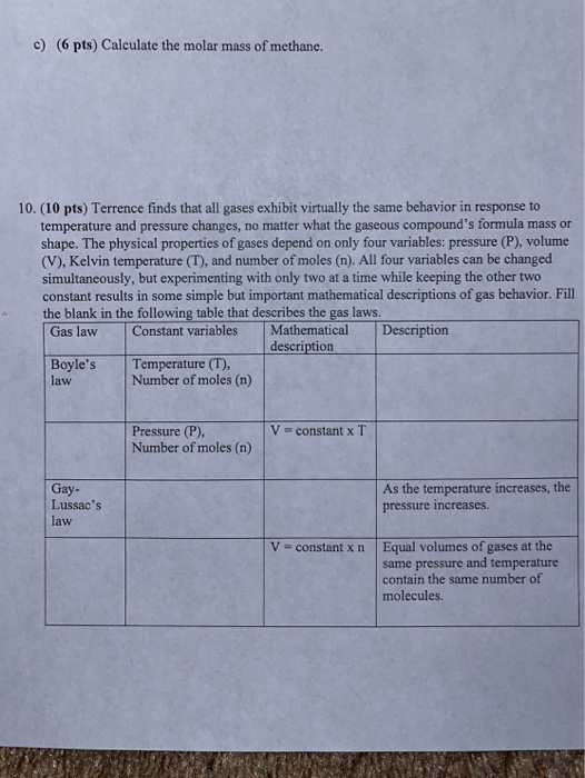c) (6 pts) Calculate the molar mass of methane. 10. (10 pts) Terrence finds that all gases exhibit virtually the same behavio