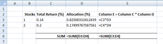Stocks Total Return (%) Allocation (%) Column E Column C Column D 0.82500332412439C3*D3 1 0.14 0.2 0.17499767587561C4*D4 4 2