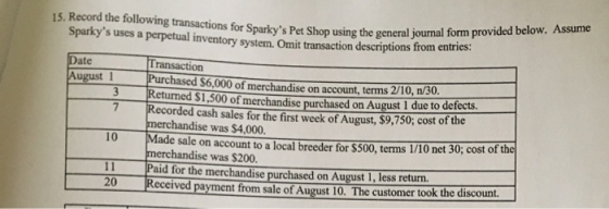 15. Record the following transactions for Sparkys Pet Shop using the general journal form Sparkys uses a perpetual inventor