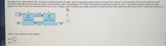 Two large tanks, each holding 100 L of liquid, are interconnected by pipes, with the liquid flowing from tank A into tank Bat