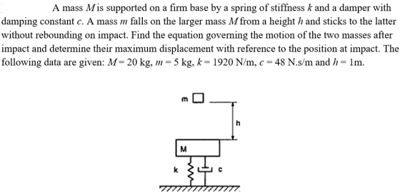 A mass Mis supported on a firm base by a spring of stiffness k and a damper with damping constant c. A mass m falls on the larger mass M from a height h and sticks to the latter without rebounding on impact. Find the equation governing the motion of the two masses after impact and determine their maximum displacement with reference to the position at impact. The following data are given: M-20 kg, m = 5 kg, k = 1920 N/m, c-48 N.sm and h-1 m.