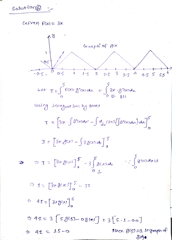 Solection - Cuiven Flx) = 3x ng : Graph of ga 1051 05. 0 0.5 1 1.5 2 2.5 3 3.5 4 4.5 5 5.50 bet I=( f(x). g(x) dx = 3x .glo