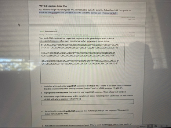 PART 3: Designing a Guide RNA You will now design your own guide RNA to inactivate a butterfly gene like Robert Reed did. You