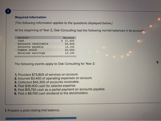 Required information (The following information applies to the questions displayed below.) At the beginning of Year 2, Oak Co