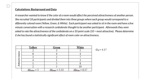 Calculations: Background and Data A researcher wanted to know if the color of a room would affect the perceived attractivenes