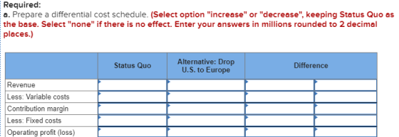 Required: a. Prepare a differential cost schedule. (Select option increase or decrease, keeping Status Quo as the base. S