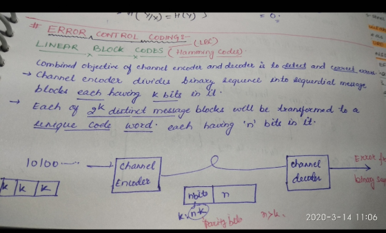tas URE ERROR, CONTROL CODINGO (LRC) LINEAR BLOCK CODES ( Hamming codes) combined objective of channel encoder and decoder is