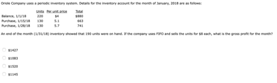 Oriole Company uses a periodic inventory system. Details for the inventory account for the month of January, 2018 are as foll