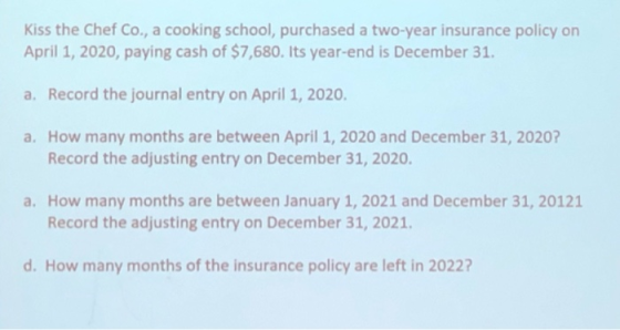Kiss the Chef Co., a cooking school, purchased a two-year insurance policy on April 1, 2020, paying cash of $7,680. Its year-