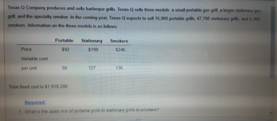 Texas-Q Company produces and sells barbeque grills. Texas-Q sells three models: a small portable gas grill, a larger stationa