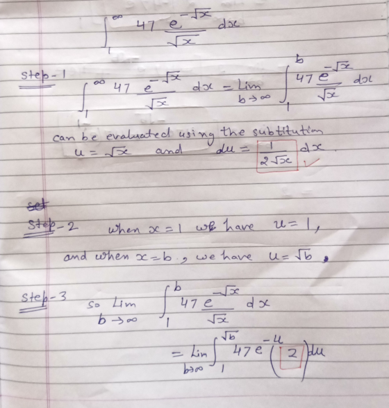 - 47 e دام Step- 47 e dal co 47 doc Lim مو د ط can be evaluated using the subtitution u= be and du = 15 v set Step-2 when x=1
