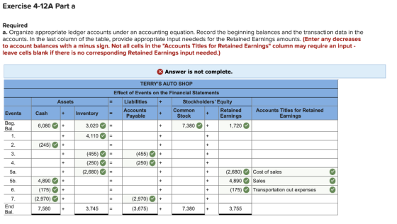 Exercise 4-12A Part a Required a. Organize appropriate ledger accounts under an accounting equation. Record the beginning bal