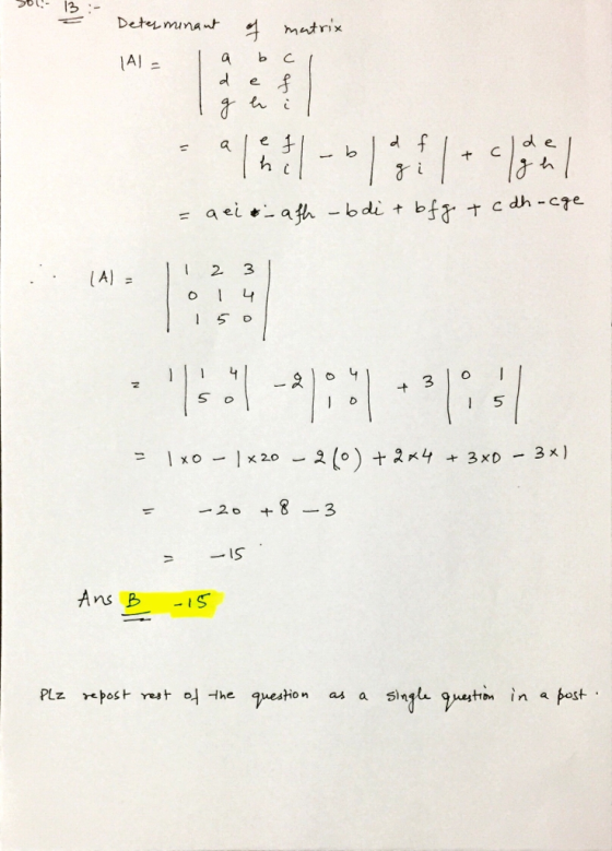 301! 13:- Determinant matrix (A1= og of b e coton o ..4 geid-afh - bdi + bfg. + c dh-cge (Al- 1 2 3 o 14 150 1601-8) :| *3105