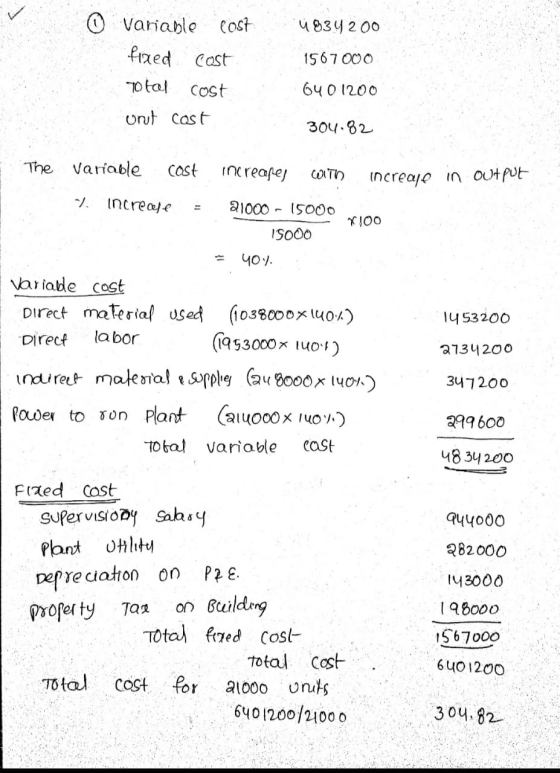 0 4834200 variable Post fixed cost Total cost onut cost 1567000 6401200 304.82 The increases with increase in output Variable