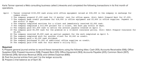 Karla Tanner opened a Web consulting business called Linkworks and completed the following transactions in its first month of