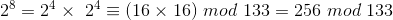 2^{8}=2^{4}\times \2^{4}\equiv (16\times16) \ mod\ 133=256\ mod\ 133