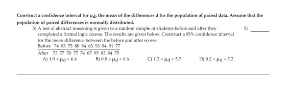 Construct a confidence interval for pd, the mean of the differences d for the population of paired data. Assume that the popu