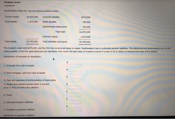 Problem 24-01 Liquidation Southwestern Wear Inc. has the following balance sheet: Current assets $375,000 $1,875,000 1,875,00