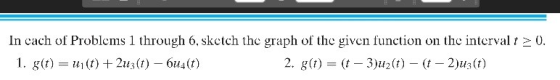In cach of Problems 1 through 6, skctch the graph of the given function on the interval 0. 1. g(t)i(t) +2u(t) 6u4(t) 2. g(t)-