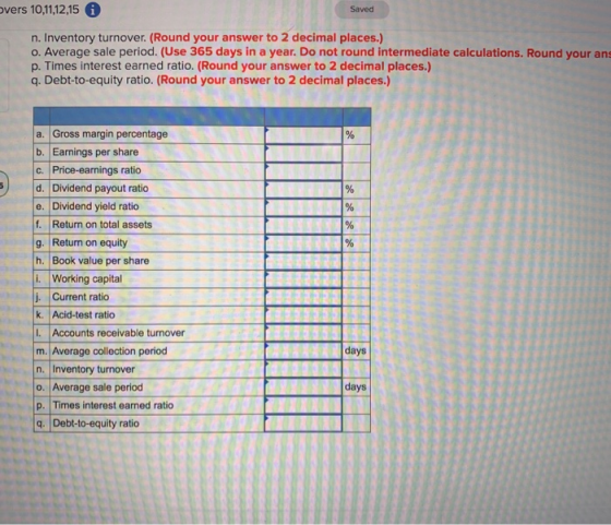 overs 10,11,12,15 A Saved n. Inventory turnover. (Round your answer to 2 decimal places.) o. Average sale period. (Use 365 da