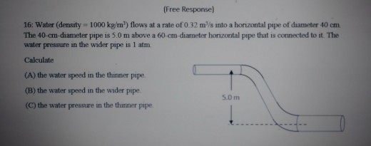 (Free Response) 16: Water (density - 1000 kg/m) flows at a rate of 0.32 ms into a horizontal pipe of diameter 40 cm. The 40
