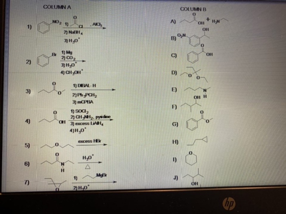 COLUMNA 0 NO2 19 COLUMN B O + OH OH A) HAN AICI: 1) ch 2 BHA 3) H,09 B) YN B 1) My C) ОН 2) 2)CO2 3) H30 4) CH3OH D) 3) E) 0