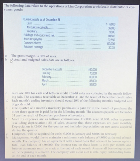 The following data relate to the operations of Lim Corporation, a wholesale distributor of con- sumer goods: Current assets a