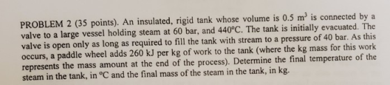 PROBLEM 2 (35 points). An insulated, rigid tank whose volume is 0.5 m3 is connected by a valve to a large vessel holding stea