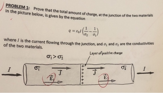 PROBLEM!: Prove that the total amount of charge, at the junction of the two in the picture below, is given by the equation where l is the current flowing through the junction, and ?1 and ?2 are the co of the two materials nductivities Layer ofpositive charge ?i > ?i ?
