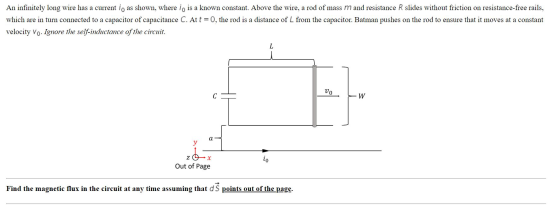 An infinitely long wire has a current i, as shown, where io is a known constant. Above the wire, a rod of mass m and resistan