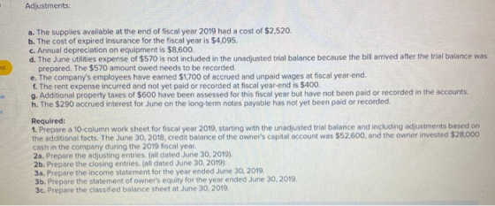 Adjustments: ed a. The supplies available at the end of fiscal year 2019 had a cost of $2,520. b. The cost of expired insuran