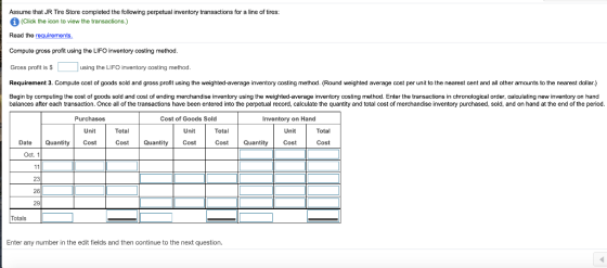 Assume that JR Tire Store completed the following perpetual inventory transactions for a line of tires: (Click the icon to vi