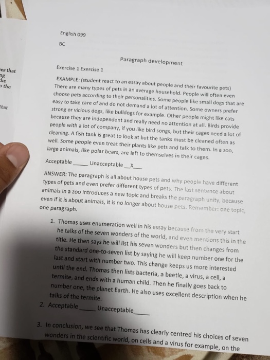 English 099 BC Paragraph development es that Exercise 1 Exercise 1 che the hat EXAMPLE: (student react to an essay about peop