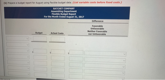(b) Prepare a budget report for August using flexible budget data (List variable costs before fixed costs.) RATCHET COMPANY A