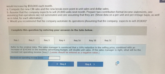 would increase by $59,000 each month. a. Compute the new CM ratio and the new break-even point in unit sales and dollar sales